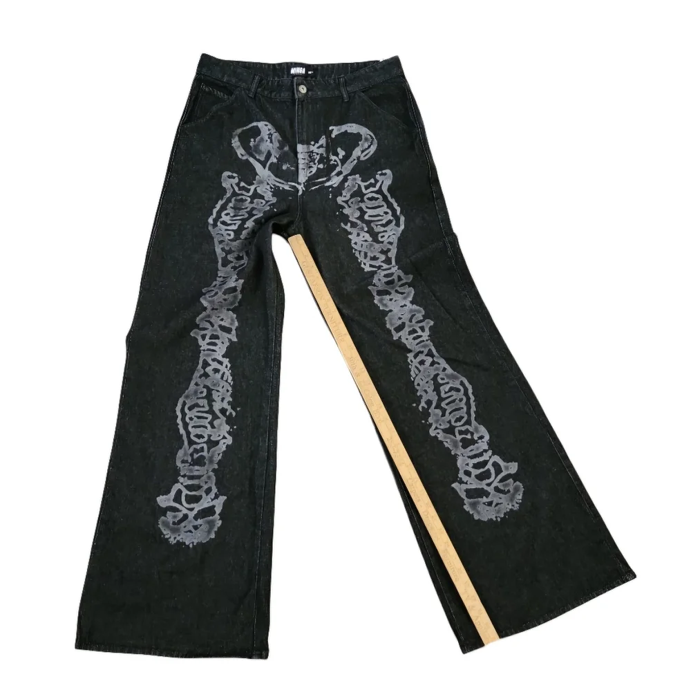 Minga London Bones Black Washed Denim Jeans Skeleton Print Wide Baggy Leg SZ 36 - Picture 6 of 16